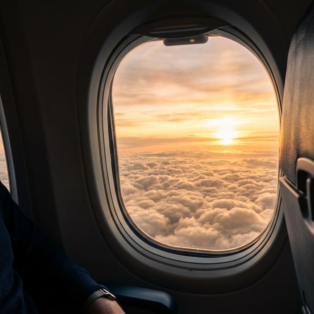 View from airplane window at sunset